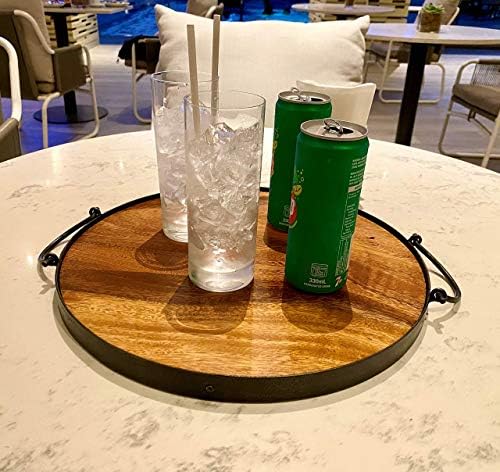Round Acacia Wood Serving Tray, Handles, 14", Rustic Farmhouse Ottoman