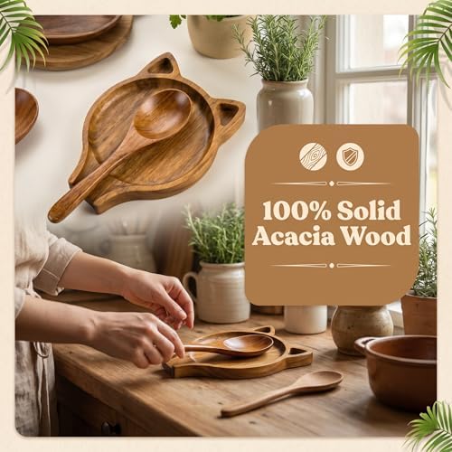 Cat-Shaped Spoon Rest, Acacia wood spoon holder, Heat-Resistant