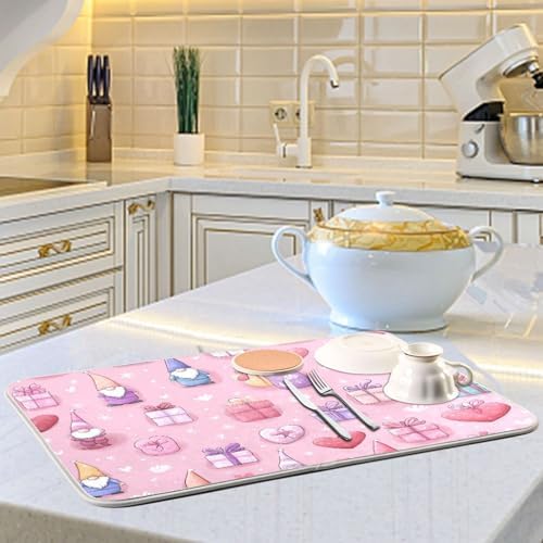 OTVEE Love Gnome Art Dish Drying Mat for Kitchen Counter Absorbent