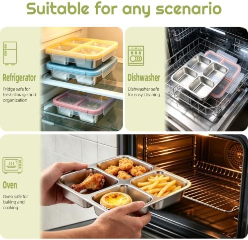 Malist 4 Pack 4-Compartment Stainless Steel Containers with 4 Steel