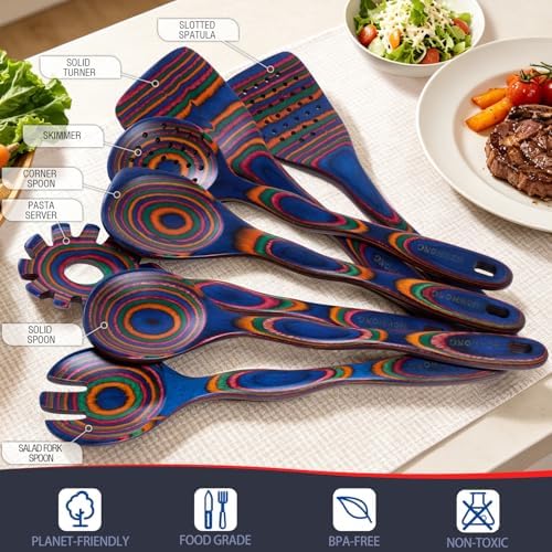 HOWHONG 7-Piece Pakkawood Cooking Utensils Set, Colorful Wooden Spoons