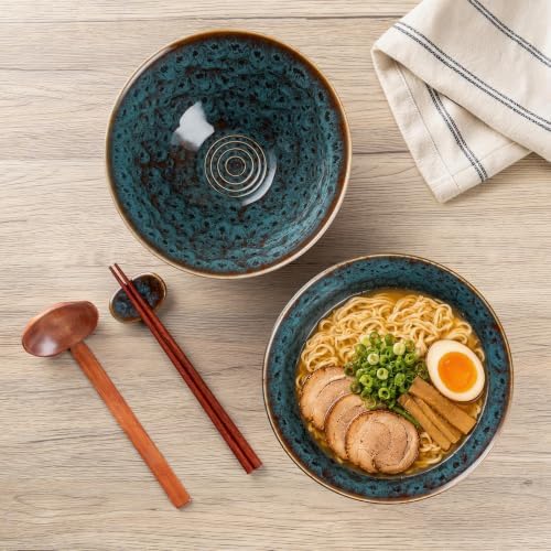 40oz Japanese Ceramic Ramen Bowl Set of 2 with Chopsticks and Spoons