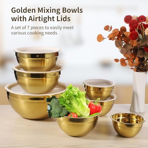 7 PCS Golden Mixing Bowls with Lids Set - Stainless Steel Salad Bowls