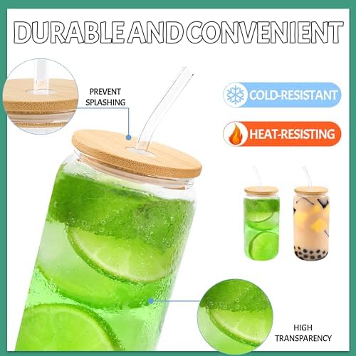 Joyclub 20Pcs Glass Cups with Bamboo Lids and Straws Bulk 16 oz Can