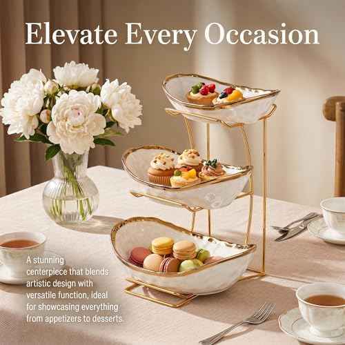 3 Tier White Ceramic Fruit Bowl with Gold Metal Stand, Modern Tiered Fruit Basket Rack for Kitchen Countertop, Large Storage Organizer for Fruit Vegetable Snacks Bread