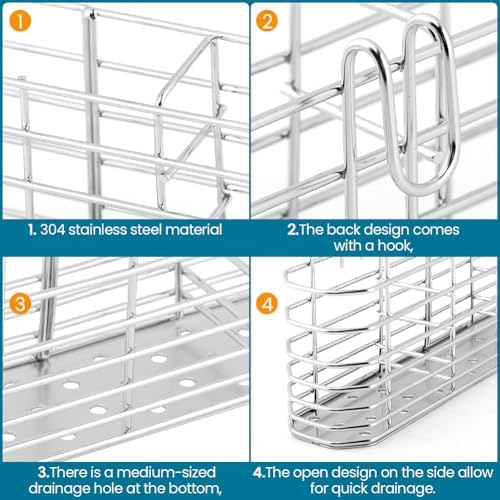 304 Stainless Steel Sink Utensil Holder with Hooks, Dish Drying Rack