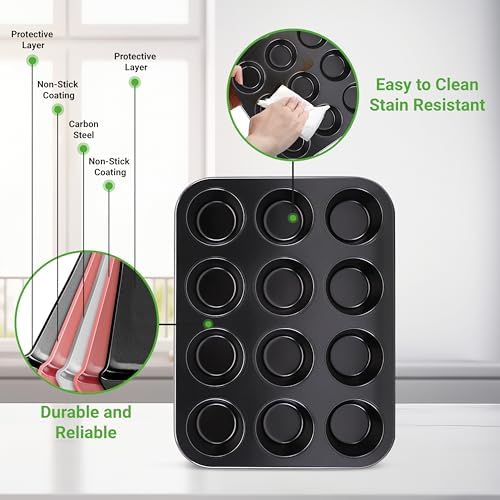 NutriChef 12-cup Black Oven Muffin Pan, Non-Stick Coated Layer