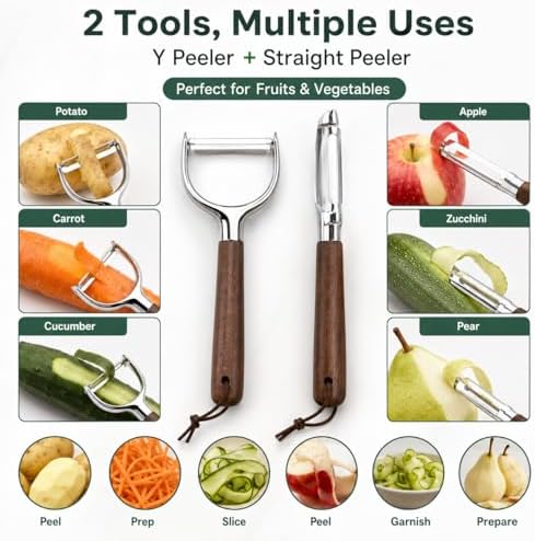 2-Piece Vegetable Peeler Set – Y & Straight Peeler with Walnut Handle