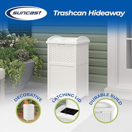 Suncast Outdoor Trash Can with Lid, 30 Gallon, White