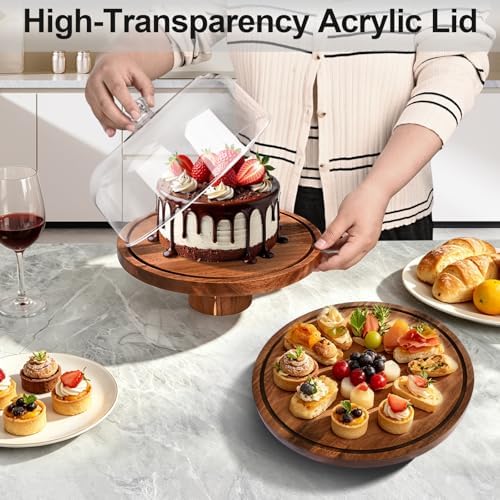 Acacia Wood Cake Stand with Lid, 12in Cake Stand with Acrylic Dome