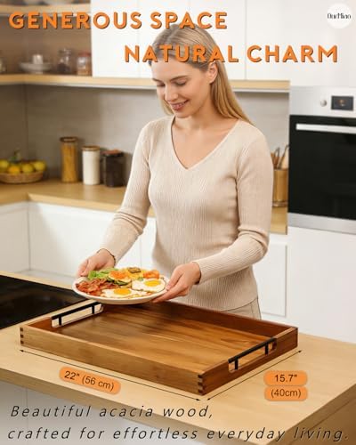 22" x 15.75" Wooden Serving Tray with Handles, Acacia Ottoman Tray