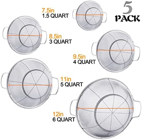 5 Pack 18/8 Stainless Steel Colander Sieves, Multi Size Mesh Strainer