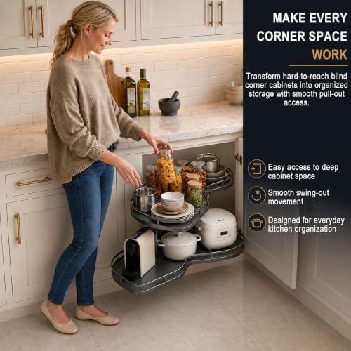 Blind Corner Cabinet Pull Out Organizer,Height-Adjustable 2-Tier Shelves