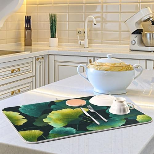 OTVEE Golden Foliage Art Dish Drying Mat for Kitchen Counter Absorbent