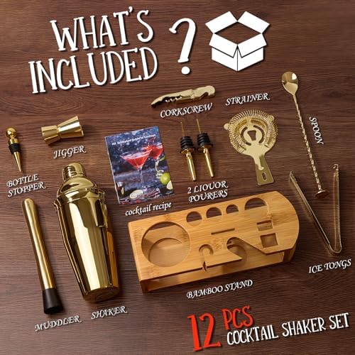 Wukuna Cocktail Shaker Set Bartender Kit, 12-Pcs Bar Tool with Bamboo
