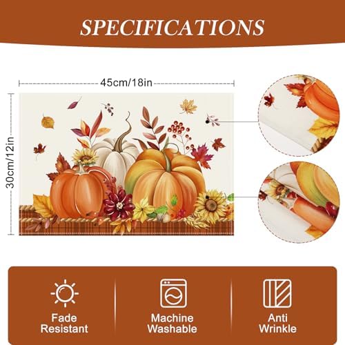 Bonhause Orange Pumpkins Fall Placemats Set of 4, 12x18 Inch Autumn