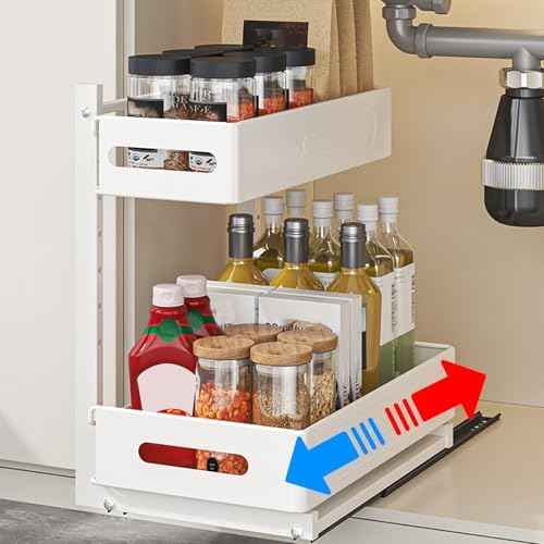 HABITLLO Under Sink Organizer, 2 Tier Bathroom Cabinet Organizer with Adjustable Height, Sliding Cabinet Basket Organizer Drawer for Kitchen, Bathroom, Laundry, Pantry