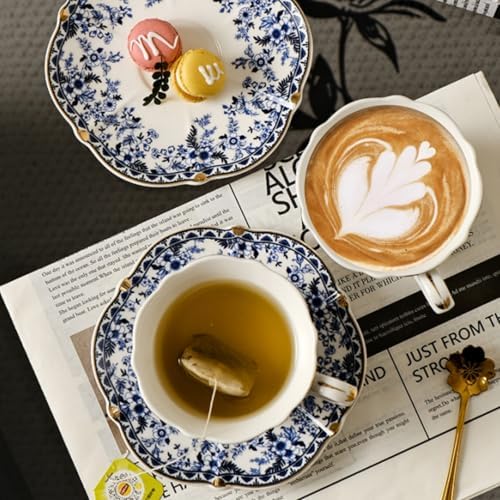 Set of 2 Porcelain Tea Cups and Saucers with Spoon, 6 Oz