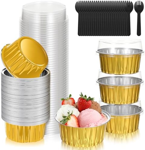 100Pcs 5oz Round Disposable Aluminum Foil Mini Cake Pans with Matching