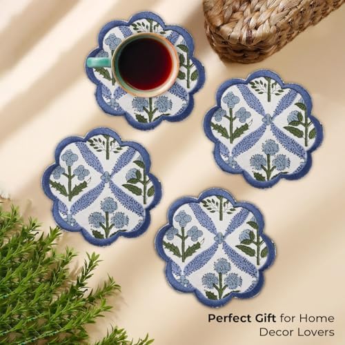 Ridhi 8-Pcs 100% Cotton Hand Block Print Drink Coasters 5 Inch Steel