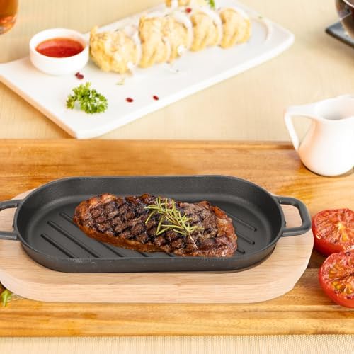 DOITOOL Cast Iron Plate for Grilling Steak Plate Teppanyaki for Steak Eel and Grilled Fish 10.62 X 4.92 X 0.78 in with Wooden Tray for Home Cooking Party Serving and Barbecue
