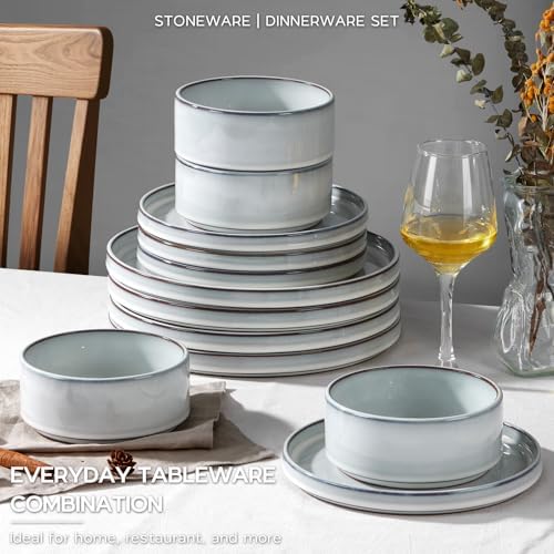Onader Dinnerware Dishes Sets for 8, Stoneware Plates and Bowls with Unglazed Terracotta Bottom, Ceramic Kitchen Dinner Dish Set, 24 Piece - Glacier White