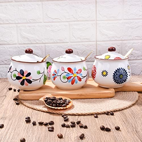 Ceramic Sugar Bowl with Lid and Spoon, 10.8 OZ Floral Sugar Jar