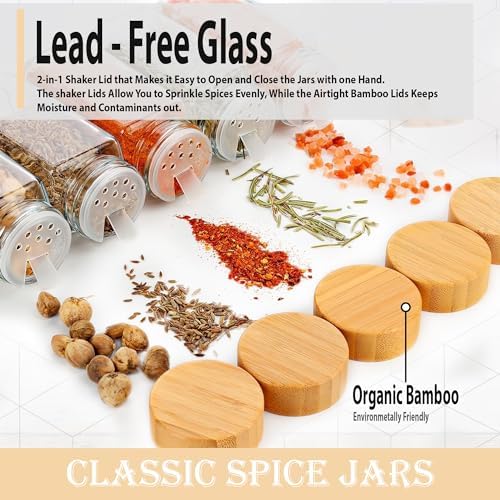 Glass Spice Jars with Bamboo Airtight Lids - (4 Pack) - 4 oz Square