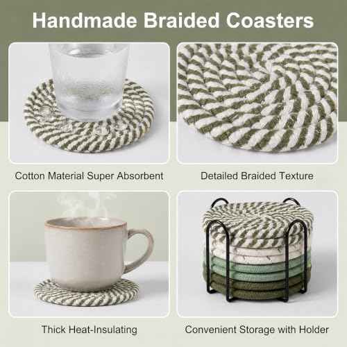 Drink Coasters Set of 8 with Holder, Cotton Woven,Olive Green
