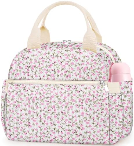KUBYA Lunch Box for Women, Cute Flower Corduroy Insulated Lunch Bag