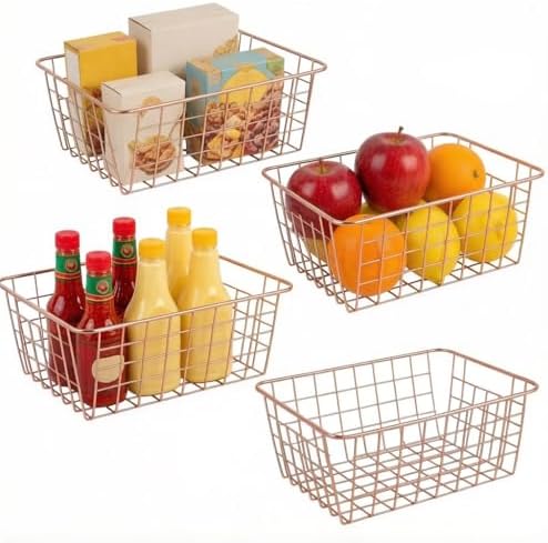 Jucoan 4 Pack Metal Wire Storage Baskets, Rose Gold Wire Baskets with