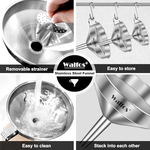 Stainless Steel Funnel, Walfos 3 Pack Kitchen Funnel with 2 Removable