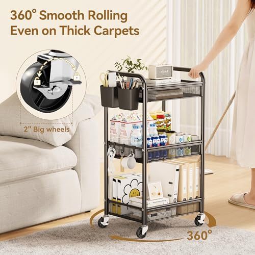 YASONIC 3-Tier Metal Rolling Storage Cart, Black