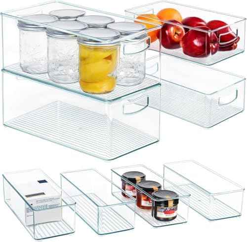 Hudgan 8 PACK Stackable Pantry Organizer Bins (3 Size) - Clear Fridge Organizer for Kitchen, Freezer, Refrigerator, Cabinet - Plastic Storage Container with Handle for Home
