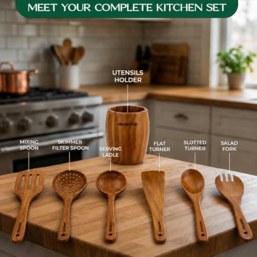 7-Piece Teak Wood Cooking Utensil Set with Holder