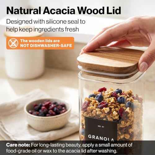 Glass Pantry Storage Jars Containers with Acacia Lids and Labels - Set