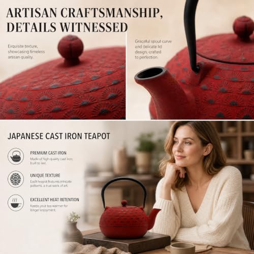 YJX Cast Iron Teapot, 60.9 fl oz, Red
