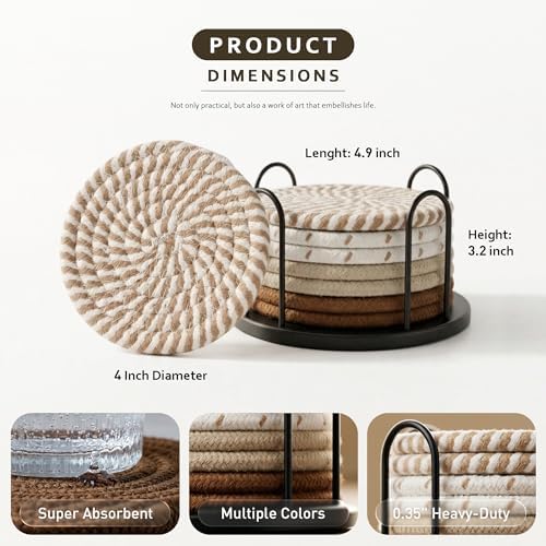 Lazebox Coasters Set of 8 for Drinks, 4 Inch Large Coasters for Coffee