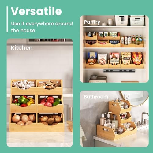 Onion Storage Bins Potato, 3 Tier Bamboo Pantry Storage Bin Stackable