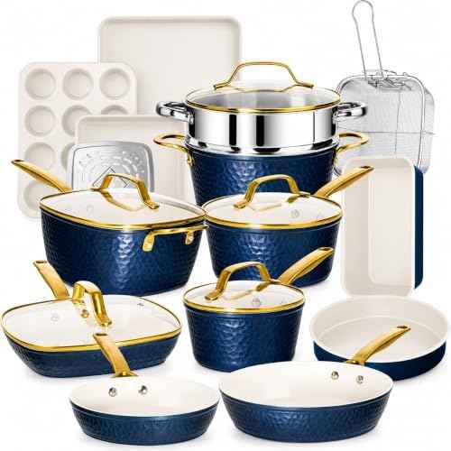 GOTHAM STEEL HAMMERED 20 Pc Ceramic Cookware Set, Titanium & Diamond Coated