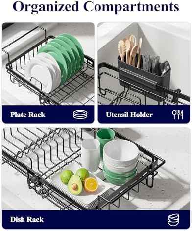 Kitsure Expandable in-Sink or Over-Sink Dish Drying Rack, Large, Black