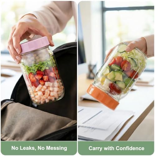 Salad Jars with Lids Meal Prep Containers Glass - 32oz Leakproof Mason