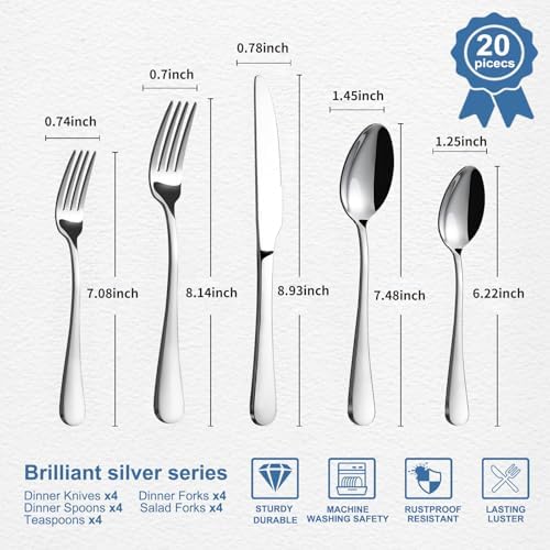 BEWOS Silverware Set for 4-20 Piece Stainless Steel Flatware Set with