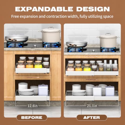 1 Pack Pull Out Cabinet Organizer Expandable,16.53" Deep | Pull Out Drawers for Cabinets with Adjustable width from 12.6" to 21" Sliding Drawers for Cabinets with Heightening Pad No Drill for Kitchen