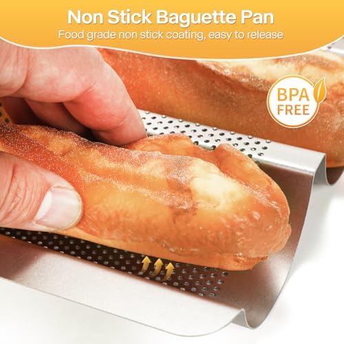 2-Pack Baguette Bread Pan, 3-Slot French Bread Baking Tray, Golden
