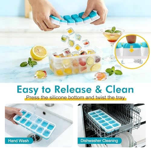 NFK Ice Cube Tray with Lid & Bin - 4 Pack 48 Cubes Stackable Silicone
