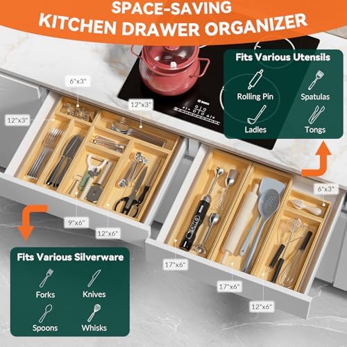 Lixple Bamboo Kitchen Drawer Organizer, 2 Pack, 12" x 3" x 2"