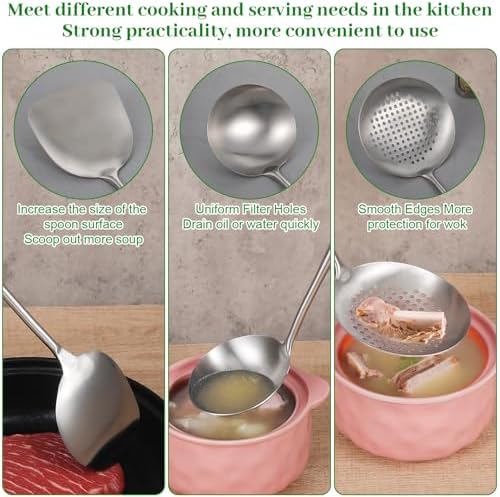 17” Wok Spatula and Ladle, Skimmer Spoon,Stainless Steel Wok Tools