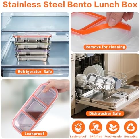 4 Pack 2-Compartment Stainless Steel Lunch Containers