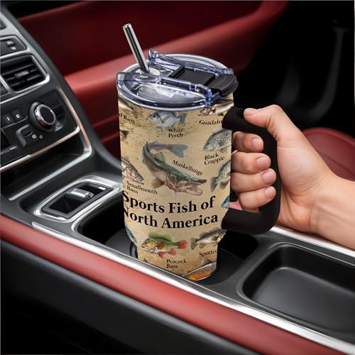 Fish Gifts for Dad, 40oz Tumbler with Handle and Straw, Fishing Gifts